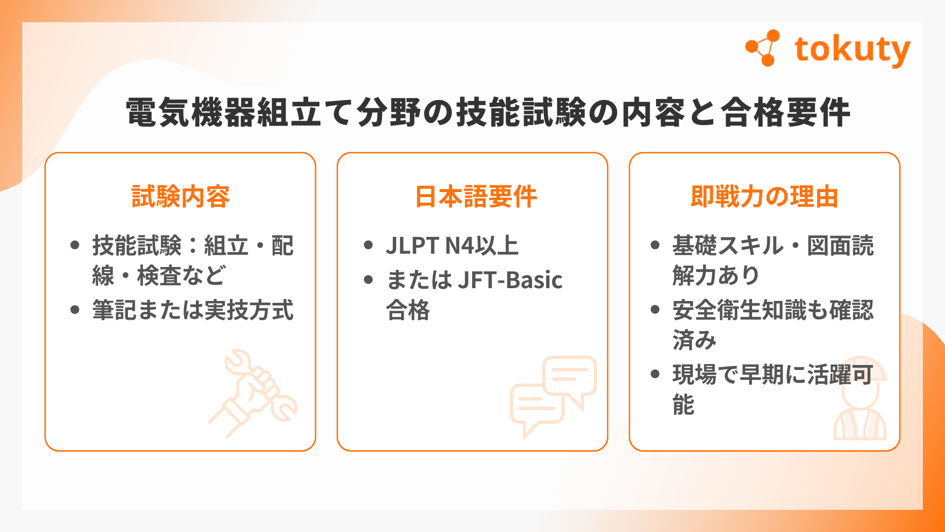 電気機器組立て分野の特定技能試験の内容と合格要件の画像